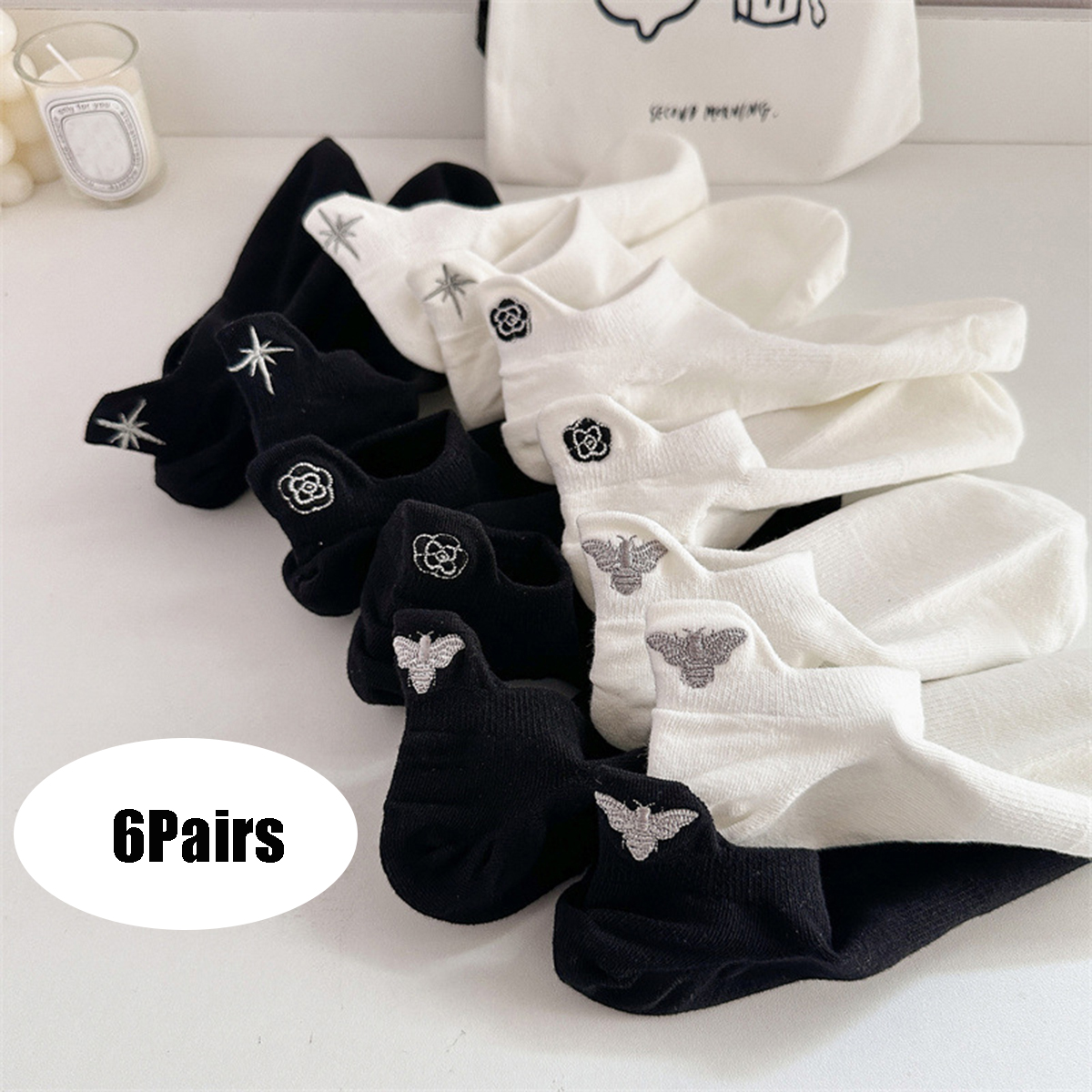 Embroidery On Socks - 6 Pair Luxury Brand Women Socks