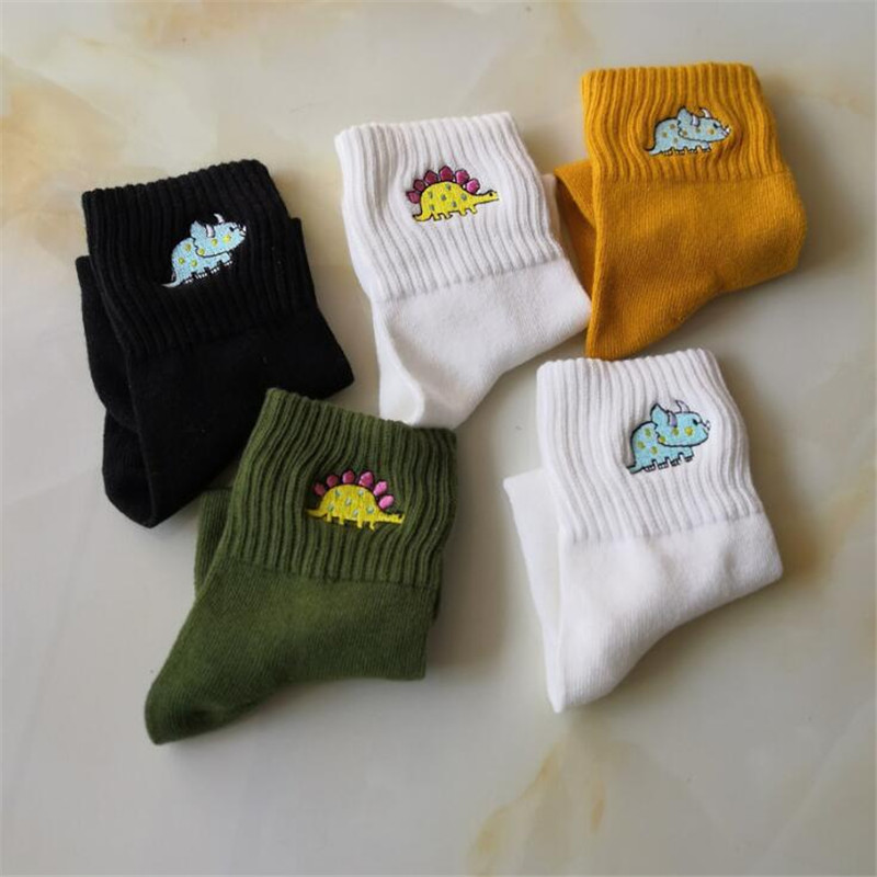 Embroidery On Socks - Cute Women Embroidery Dinosaur Socks White