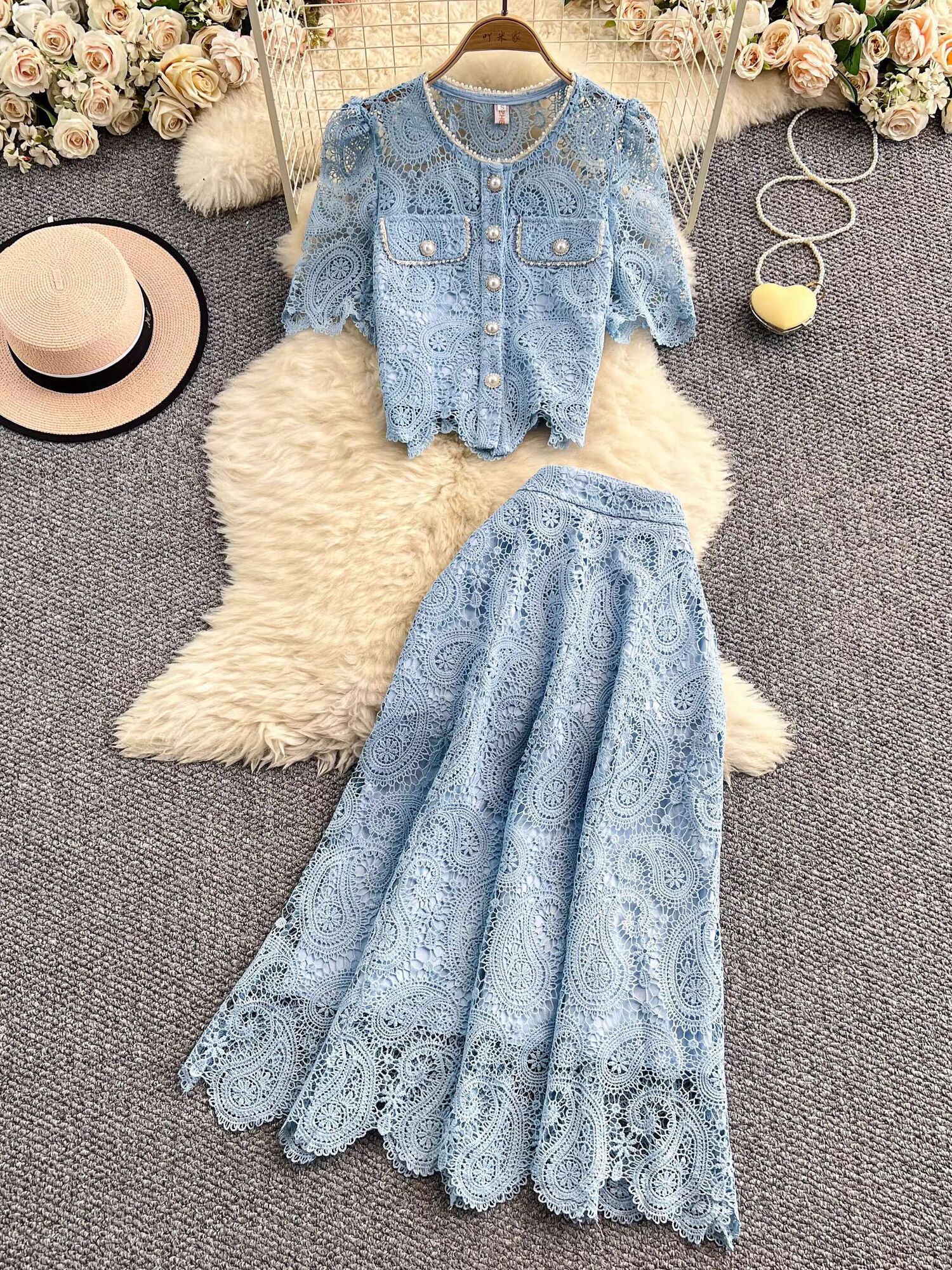 Embroidery Uniforms - Elegant Pearl Long Dress Suits Women