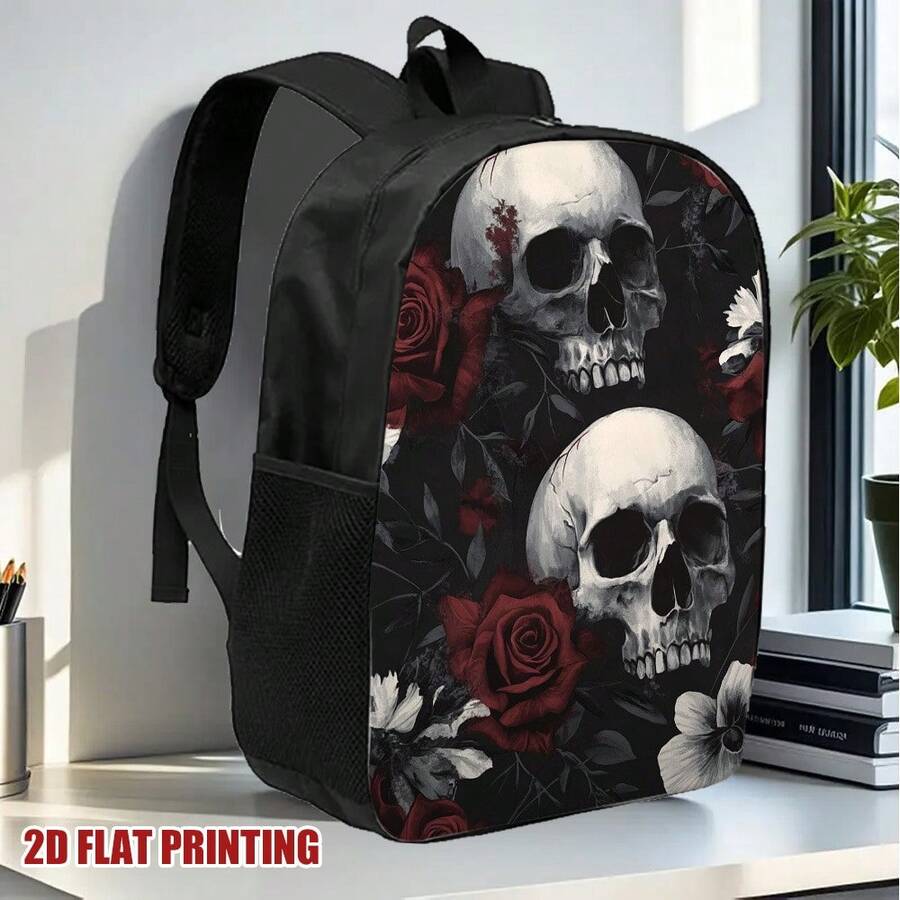 Embroidery Gothic - Gothic Skull Floral Backpack Black Red