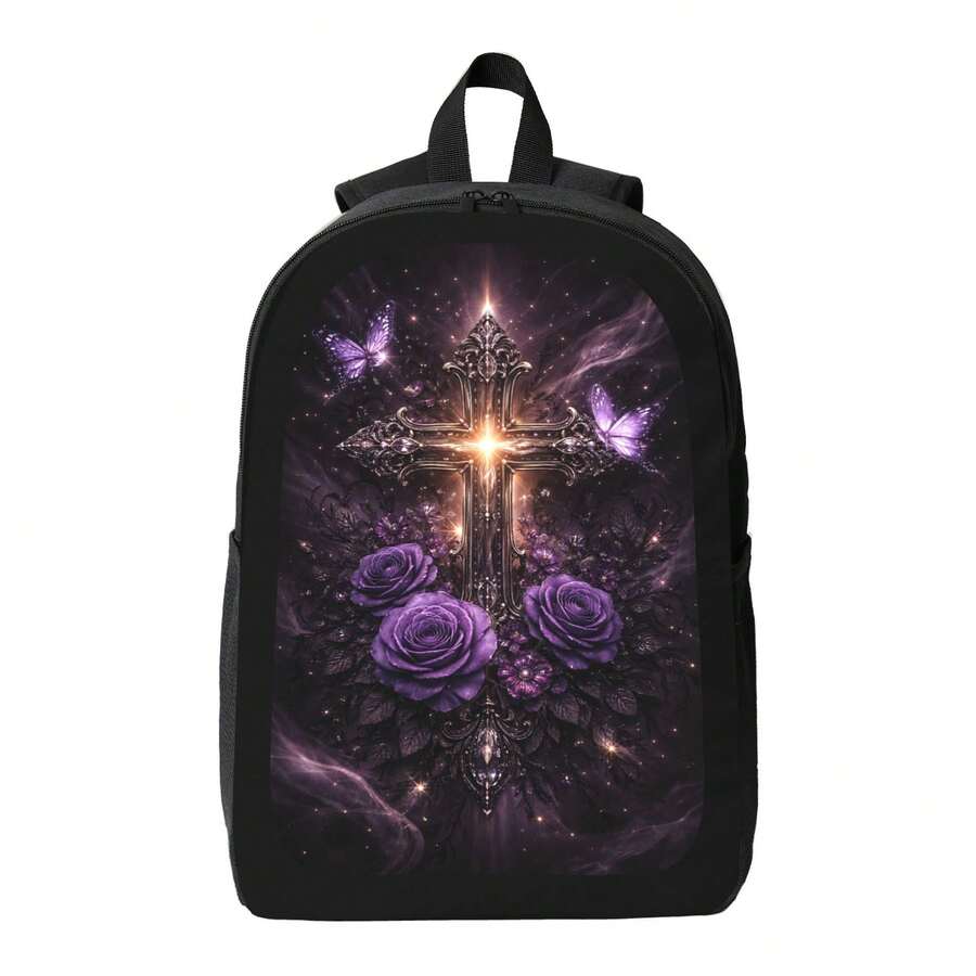 Embroidery Gothic - Dark Gothic Cross Backpack With Purple