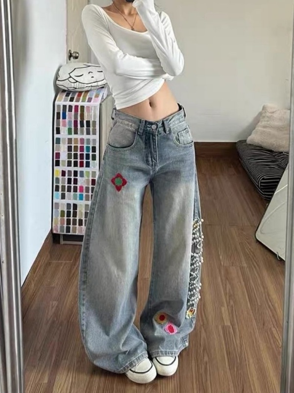 Retro High Waist Wide Leg Deni - Embroidery Ai 리뷰 및 가격
