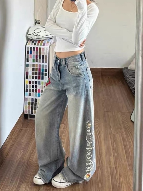 Retro High Waist Wide Leg Deni - Embroidery Ai 리뷰 및 가격