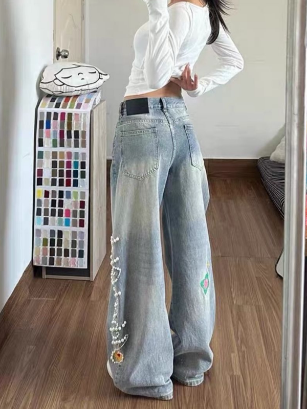 Retro High Waist Wide Leg Deni - Embroidery Ai 리뷰 및 가격