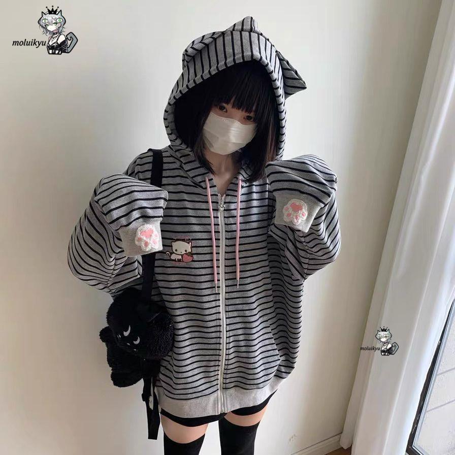 Y2K Women Striped Zip Up Jacke - Embroidery Zip Up Hoodie 리뷰 및 가격