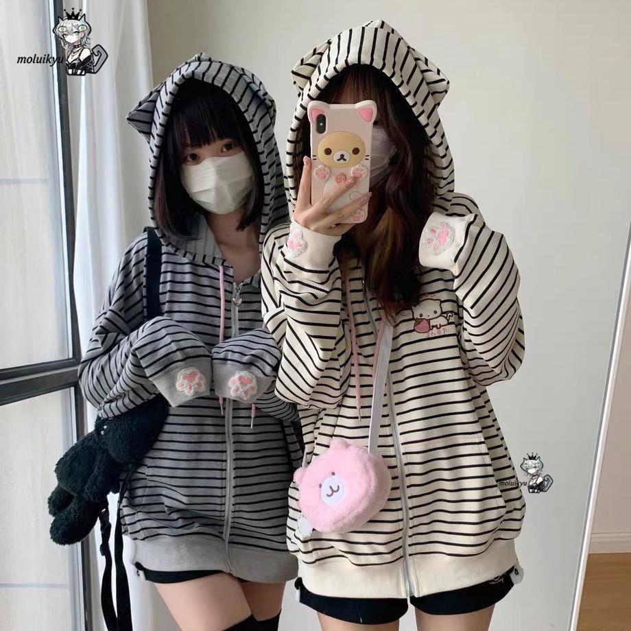 Y2K Women Striped Zip Up Jacke - Embroidery Zip Up Hoodie 리뷰 및 가격