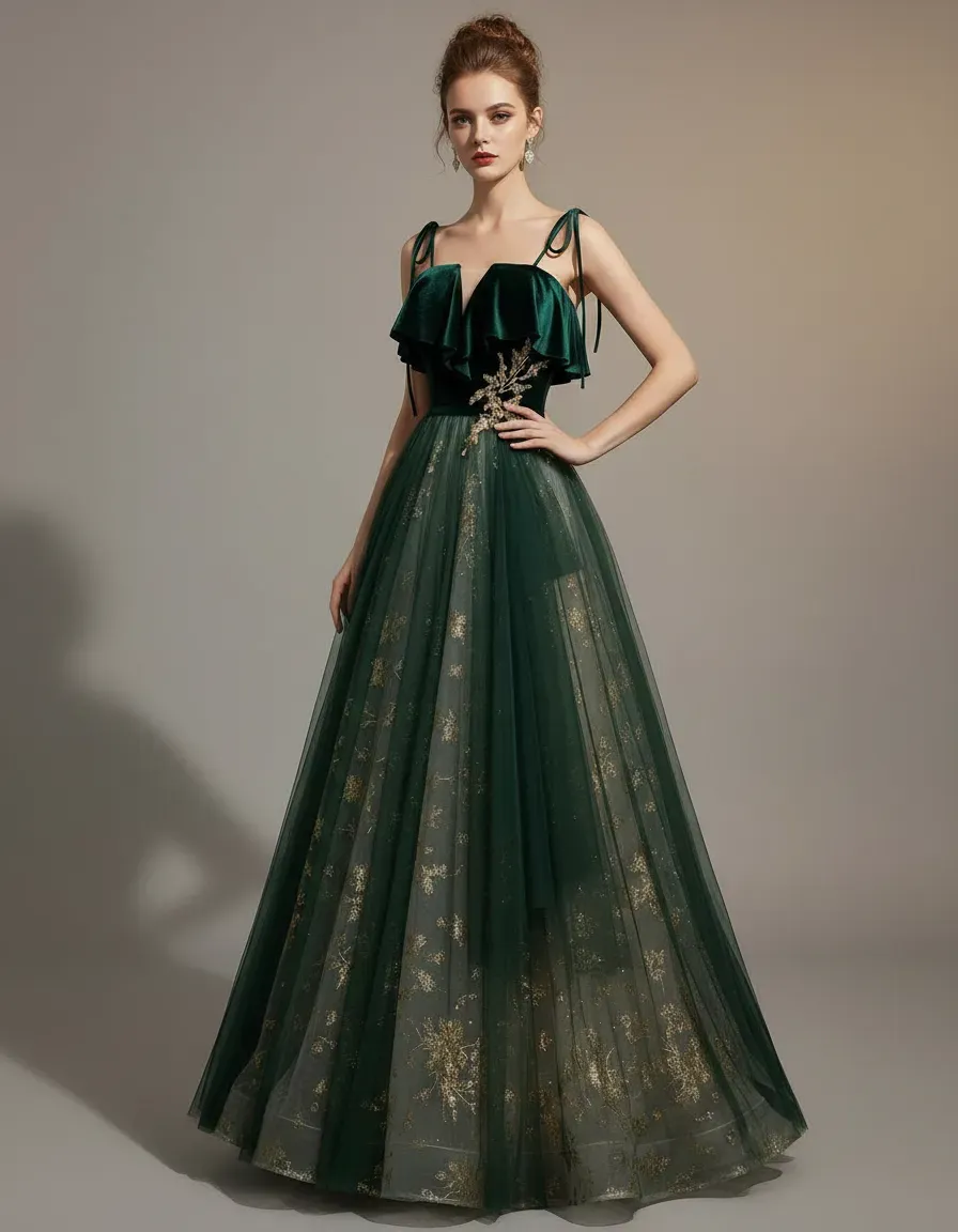 Emerald Green Velvet Top Tulle - Embroidery Gold 리뷰 및 가격