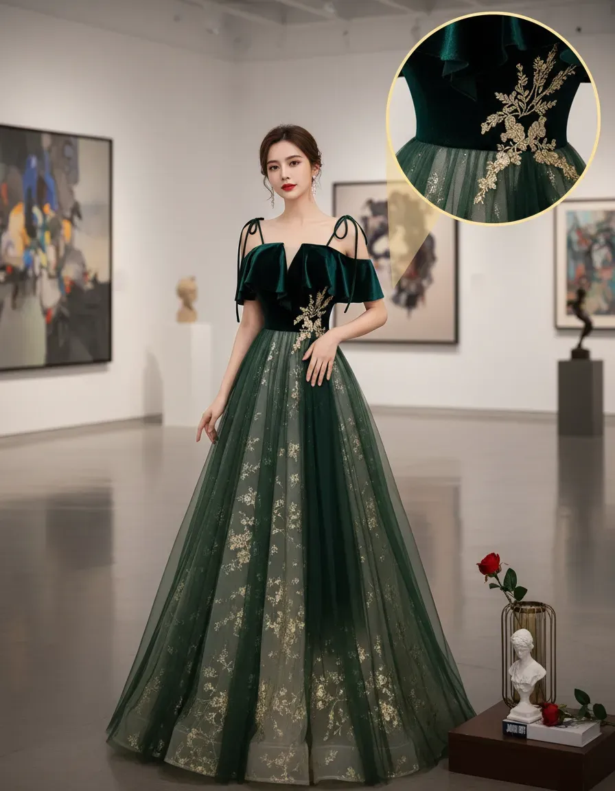 Emerald Green Velvet Top Tulle - Embroidery Gold 리뷰 및 가격
