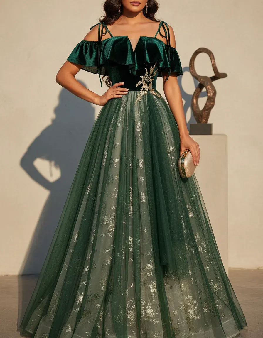 Emerald Green Velvet Top Tulle - Embroidery Gold 리뷰 및 가격