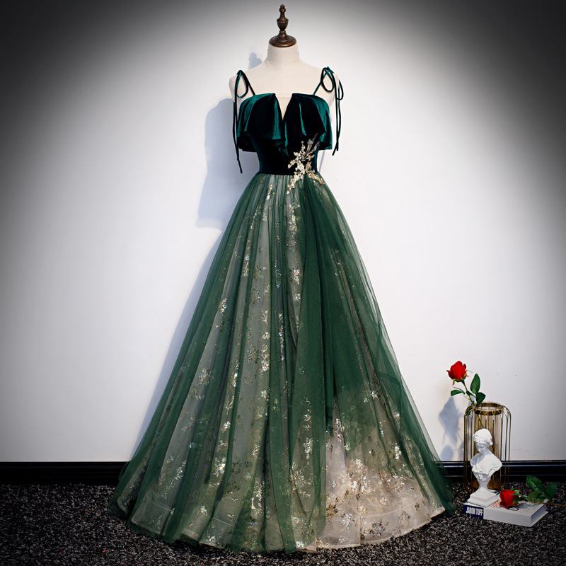 Emerald Green Velvet Top Tulle - Embroidery Gold 리뷰 및 가격