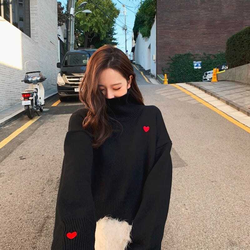Turtleneck Sweater Women Lazy  - Embroidery Design Love 리뷰 및 가격