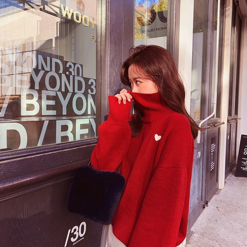 Turtleneck Sweater Women Lazy  - Embroidery Design Love 리뷰 및 가격