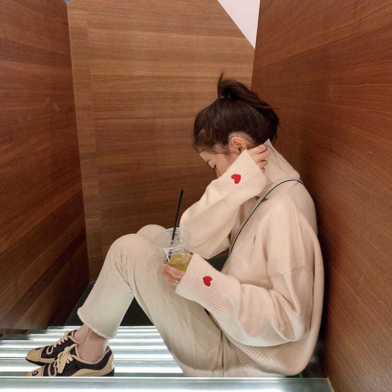 Turtleneck Sweater Women Lazy  - Embroidery Design Love 리뷰 및 가격